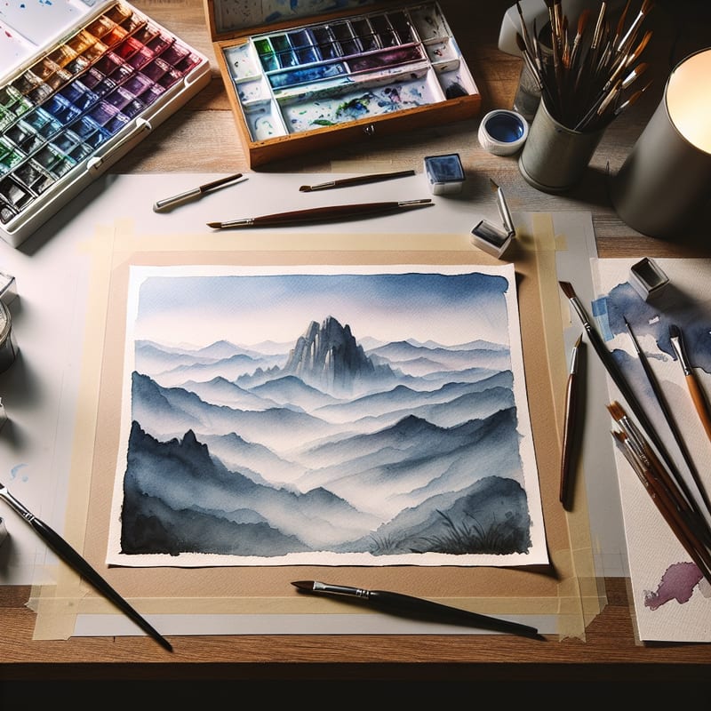Serene mountain landscape painting activity