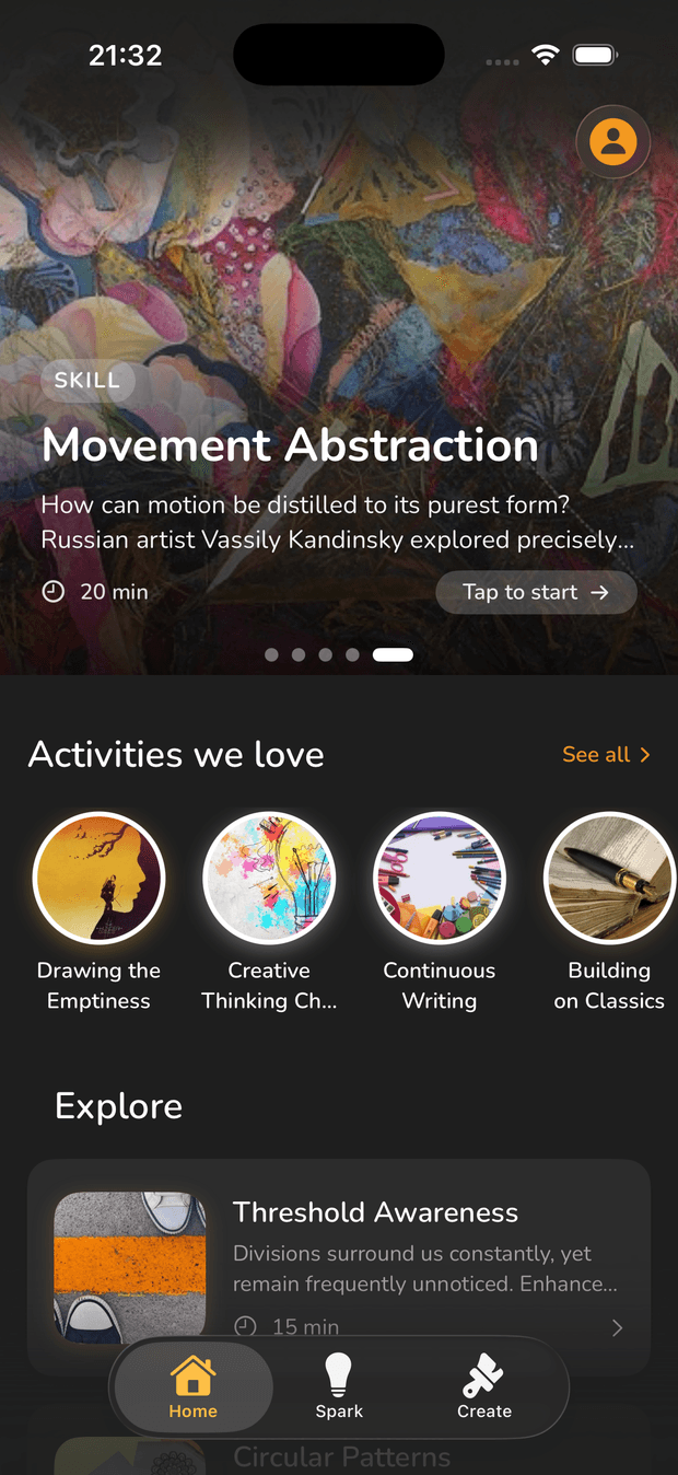 The Piqo home screen showing today's guided creative activity