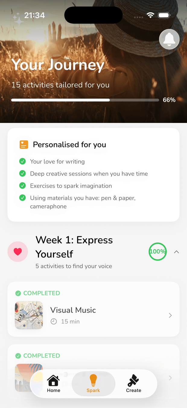 The personalised journey screen in Piqo, showing a tailored plan of activities