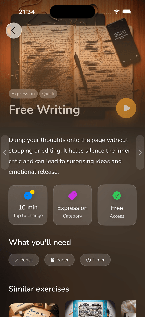 A guided Free Writing activity in Piqo, with timer, materials and steps