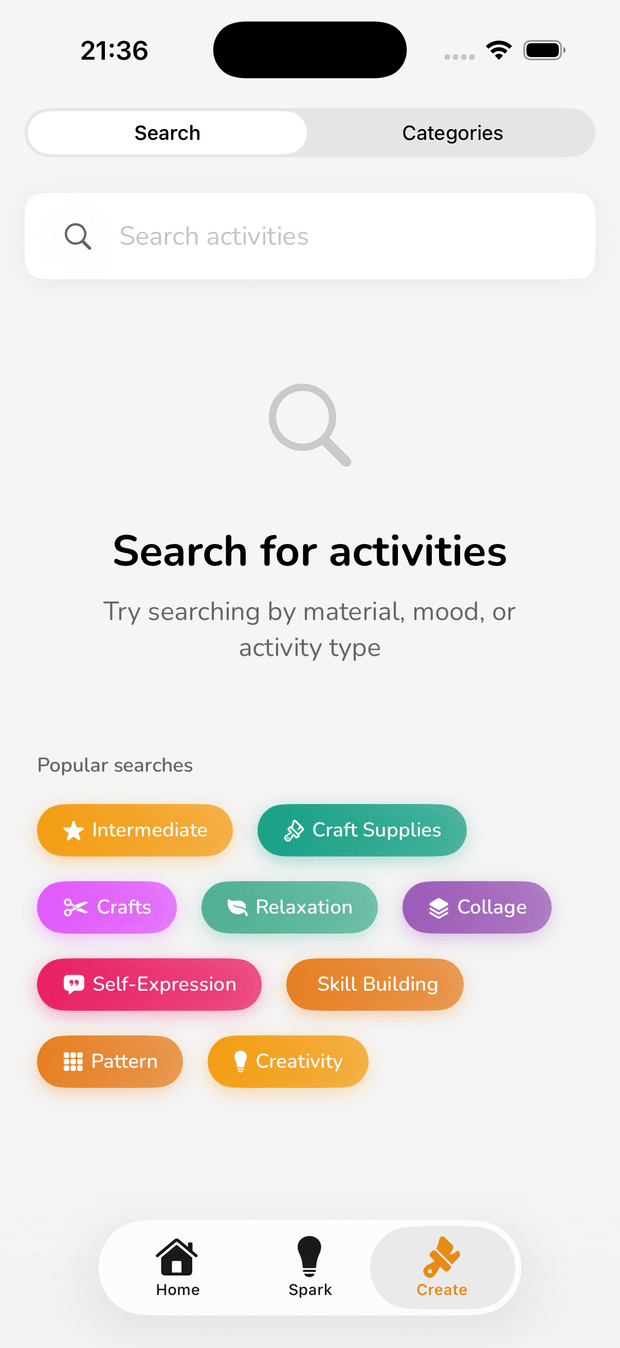 The search screen in Piqo, with popular searches by mood and material